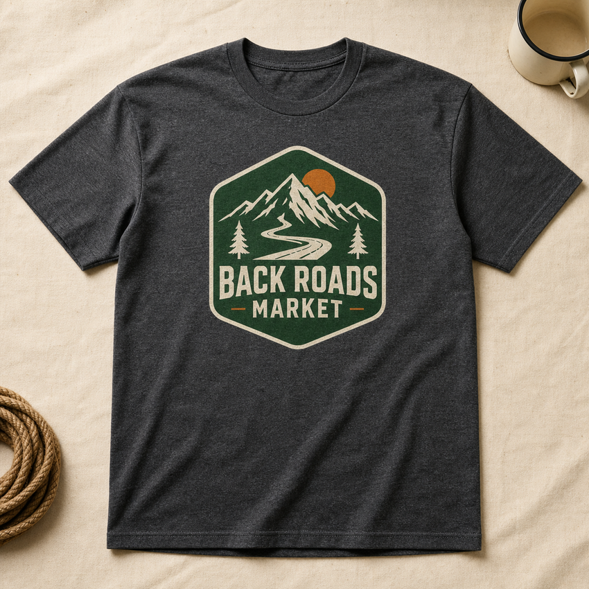Charcoal Back Roads Market original logo T-shirt with mountain and winding road badge